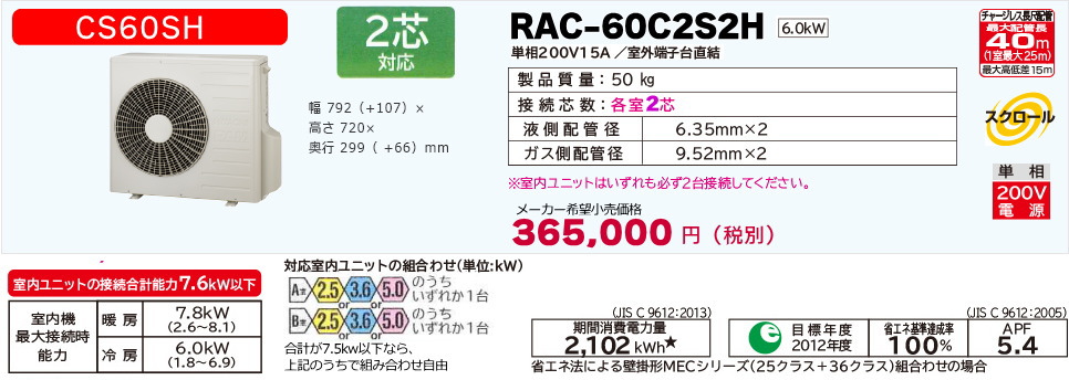 日立 マルチエアコン 2部屋用システムマルチ RAC-60C2S2H（2芯モデル